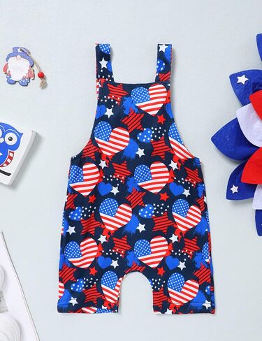4th من يوليو طفل رضيع أفرول العلم الأمريكي رومبير حزام بذلة يوم الاستقلال الزي ملابس الصيف مجموعة قصيرة غير رسمية in Kuwait