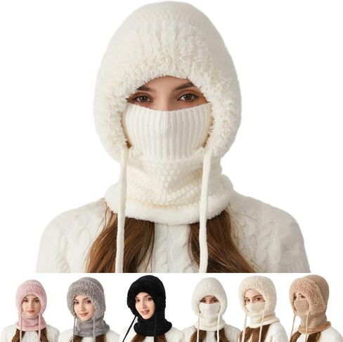 قبعة صغيرة 3 في 1 للنساء، بالاكلافا للشتاء، قبعات محبوكة باردة وشاح بقلنسوة مقاوم للرياح، سميكة مبطنة بالقطيفة in Kuwait