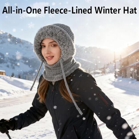 قبعة صغيرة 3 في 1 للنساء، بالاكلافا للشتاء، قبعات محبوكة باردة وشاح بقلنسوة مقاوم للرياح، سميكة مبطنة بالقطيفة in Kuwait