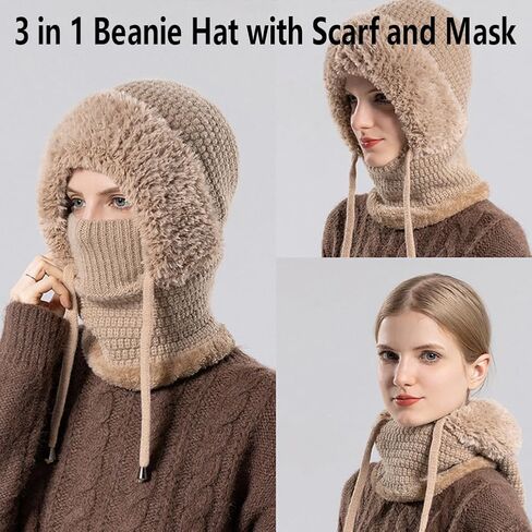 قبعة صغيرة 3 في 1 للنساء، بالاكلافا للشتاء، قبعات محبوكة باردة وشاح بقلنسوة مقاوم للرياح، سميكة مبطنة بالقطيفة in Kuwait