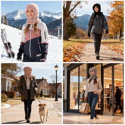 قبعة صغيرة 3 في 1 للنساء، بالاكلافا للشتاء، قبعات محبوكة باردة وشاح بقلنسوة مقاوم للرياح، سميكة مبطنة بالقطيفة in Kuwait