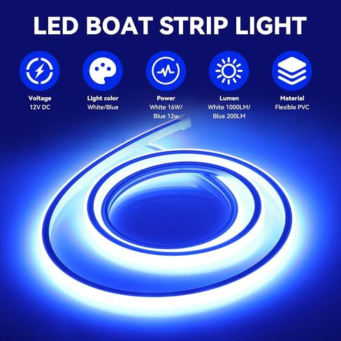 أضواء شريط القارب LED 12 فولت أبيض وأزرق ثنائي اللون مصباح LED عائم بحري. إضاءة سطح السفينة الداخلية للقارب المقاوم للماء لليخوت العائمة لصيد الأسماك ليلاً (70 بوصة) in Kuwait