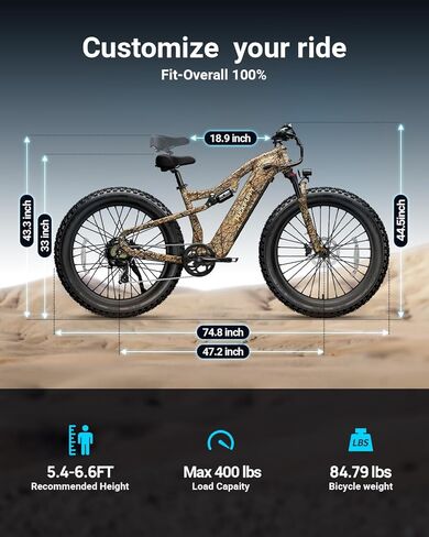 PUCKIPUPPY دراجة كهربائية للبالغين 1350 واط ترقية الذروة، 48 فولت 20 أمبير بطارية Ebike، 26 بوصة إطار عريض دراجة جبلية كهربائية كاملة التعليق، نطاق 80 ميل، 28 ميل في الساعة، 8 سرعات، مستشعر عزم الدوران، لابرادور برو in Kuwait