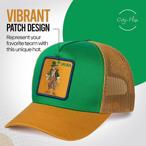College Fan Patch Trucker Hat - Netted Snapback Baseball Cap with College Team Design for Men & Women (Green/Gold - Leprechaun) in Saudi Arabia