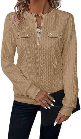 Womens Sweatshirts Casual Crew Neck Long Sleeve Quarter 1/4 Zip Quilted Pullover Lightweight Textured Solid Fall Tops in Saudi Arabia