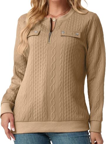 Womens Sweatshirts Casual Crew Neck Long Sleeve Quarter 1/4 Zip Quilted Pullover Lightweight Textured Solid Fall Tops in Saudi Arabia