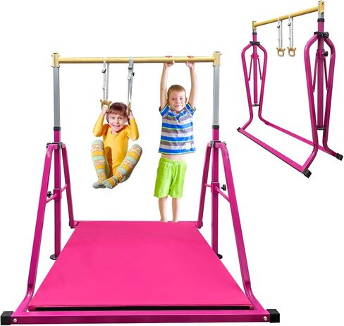 GLANT Foldable & Movable Gymnastics Kip Bar with MAT and Ring Set, 3' to 5' Height Adjustable,Horizontal Bar for Kids Girls Junior,Gym Equipment for Indoor and Home Training- Max Load 300LBS in Saudi Arabia