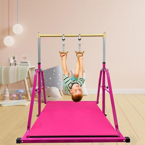 GLANT Foldable & Movable Gymnastics Kip Bar with MAT and Ring Set, 3' to 5' Height Adjustable,Horizontal Bar for Kids Girls Junior,Gym Equipment for Indoor and Home Training- Max Load 300LBS in Saudi Arabia
