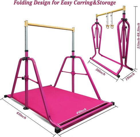 GLANT Foldable & Movable Gymnastics Kip Bar with MAT and Ring Set, 3' to 5' Height Adjustable,Horizontal Bar for Kids Girls Junior,Gym Equipment for Indoor and Home Training- Max Load 300LBS in Saudi Arabia