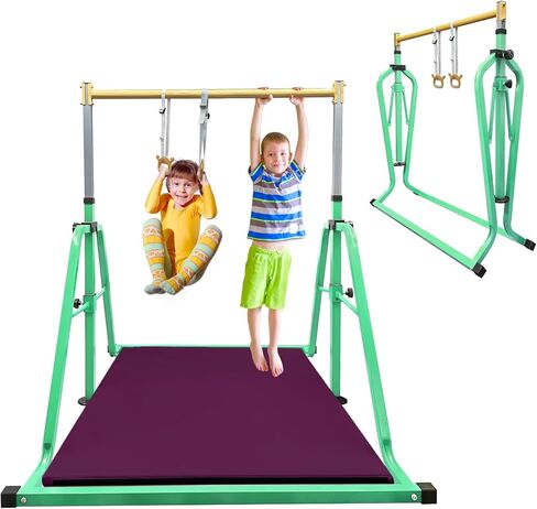 قضيب كيب للجمباز قابل للطي ومتحرك مع مجموعة حصيرة وحلقة، ارتفاع قابل للتعديل من 3 إلى 5 بوصات، شريط أفقي للأطفال البنات الصغار، معدات رياضية للتدريب الداخلي والمنزلي - أقصى تحميل 300 رطل in Kuwait