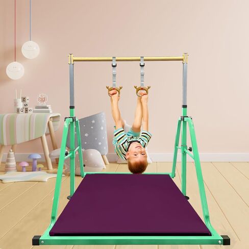 قضيب كيب للجمباز قابل للطي ومتحرك مع مجموعة حصيرة وحلقة، ارتفاع قابل للتعديل من 3 إلى 5 بوصات، شريط أفقي للأطفال البنات الصغار، معدات رياضية للتدريب الداخلي والمنزلي - أقصى تحميل 300 رطل in Kuwait