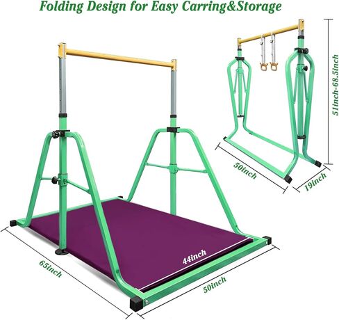قضيب كيب للجمباز قابل للطي ومتحرك مع مجموعة حصيرة وحلقة، ارتفاع قابل للتعديل من 3 إلى 5 بوصات، شريط أفقي للأطفال البنات الصغار، معدات رياضية للتدريب الداخلي والمنزلي - أقصى تحميل 300 رطل in Kuwait