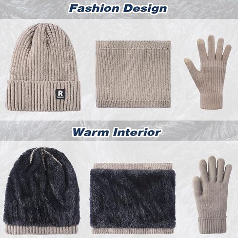 Winter Beanie Hat Circle Scarf Touchscreen Gloves Set, Skull Cap Gloves Neck Warmer Set with Fleece Lined for Men Women in Saudi Arabia