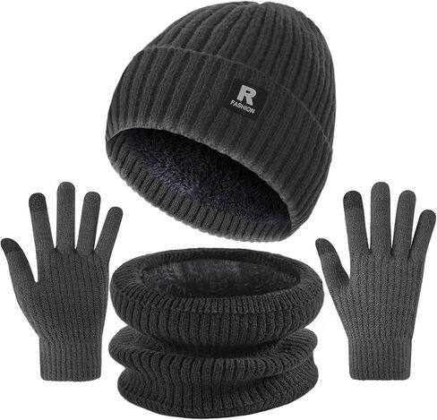 Winter Beanie Hat Circle Scarf Touchscreen Gloves Set, Skull Cap Gloves Neck Warmer Set with Fleece Lined for Men Women in Saudi Arabia