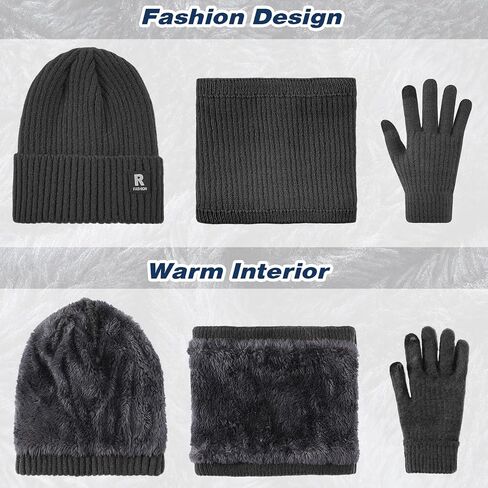 Winter Beanie Hat Circle Scarf Touchscreen Gloves Set, Skull Cap Gloves Neck Warmer Set with Fleece Lined for Men Women in Saudi Arabia