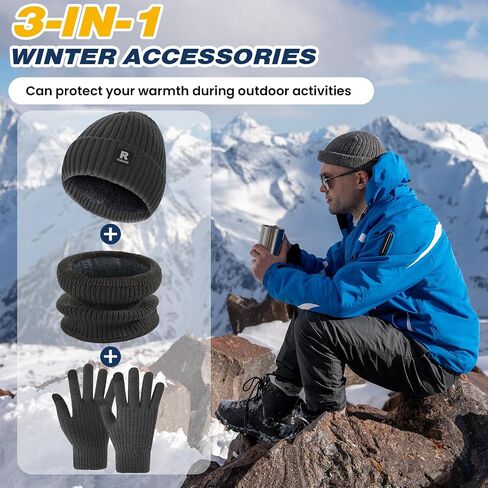 Winter Beanie Hat Circle Scarf Touchscreen Gloves Set, Skull Cap Gloves Neck Warmer Set with Fleece Lined for Men Women in Saudi Arabia