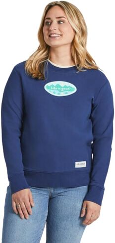 Life is Good. Women's Mountainside Oval Simply True Fleece Crew, Darkest Blue in Saudi Arabia