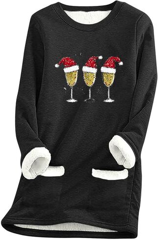 Christmas Fleece Sweatshirts for Women Warm Sherpa Lined Pullover Fuzzy Thermal Shirts Winter Loungewear Tunic Tops in Saudi Arabia