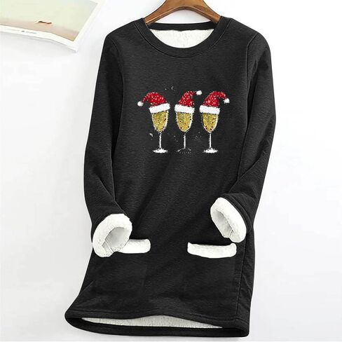 Christmas Fleece Sweatshirts for Women Warm Sherpa Lined Pullover Fuzzy Thermal Shirts Winter Loungewear Tunic Tops in Saudi Arabia