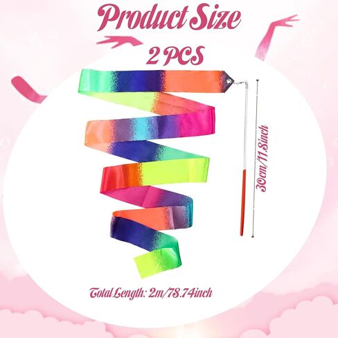 2Pcs Rainbow Dance, 78.74 Inch Rhythmic Gymnastics Ribbon Dancer Wand with Rod, Soft Rainbow Ribbon Twirling Dance Streamers for Adults Artistic Dancing (Colorful) in Saudi Arabia