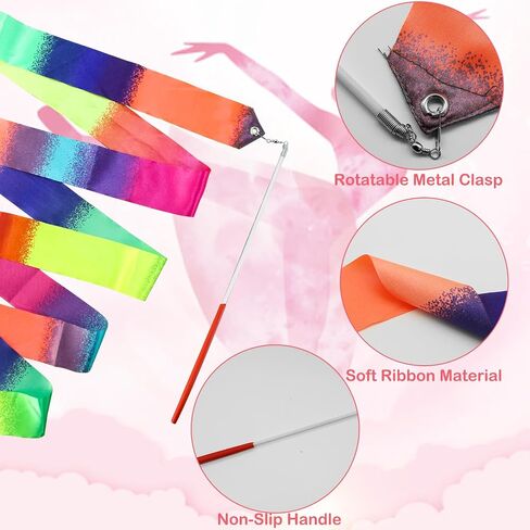2Pcs Rainbow Dance, 78.74 Inch Rhythmic Gymnastics Ribbon Dancer Wand with Rod, Soft Rainbow Ribbon Twirling Dance Streamers for Adults Artistic Dancing (Colorful) in Saudi Arabia