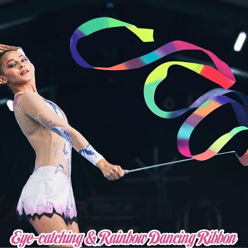2Pcs Rainbow Dance, 78.74 Inch Rhythmic Gymnastics Ribbon Dancer Wand with Rod, Soft Rainbow Ribbon Twirling Dance Streamers for Adults Artistic Dancing (Colorful) in Saudi Arabia