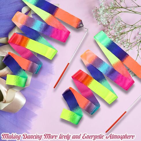 2Pcs Rainbow Dance, 78.74 Inch Rhythmic Gymnastics Ribbon Dancer Wand with Rod, Soft Rainbow Ribbon Twirling Dance Streamers for Adults Artistic Dancing (Colorful) in Saudi Arabia