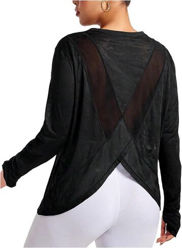 OYOANGLE Women's Plus Size Long Sleeve Mesh Workout Tops Wrap Back Athletic Gym T Shirts in Saudi Arabia
