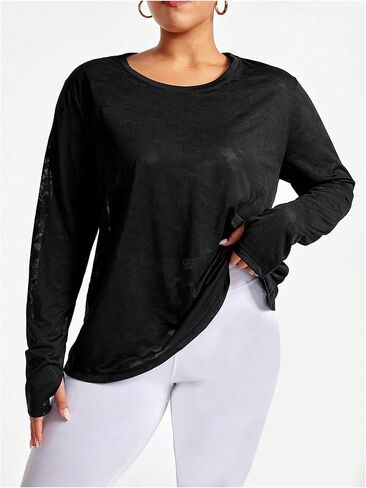 OYOANGLE Women's Plus Size Long Sleeve Mesh Workout Tops Wrap Back Athletic Gym T Shirts in Saudi Arabia