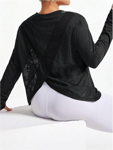 OYOANGLE Women's Plus Size Long Sleeve Mesh Workout Tops Wrap Back Athletic Gym T Shirts in Saudi Arabia