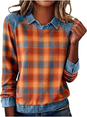 Color Block Shirts for Women Casual Long Sleeve Denim Stitching Collared Tops Trendy Work Office Pullover Blouses in Saudi Arabia