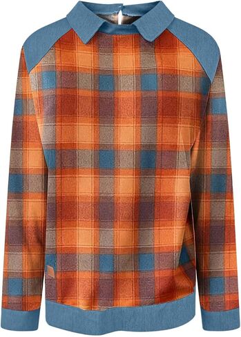 Color Block Shirts for Women Casual Long Sleeve Denim Stitching Collared Tops Trendy Work Office Pullover Blouses in Saudi Arabia