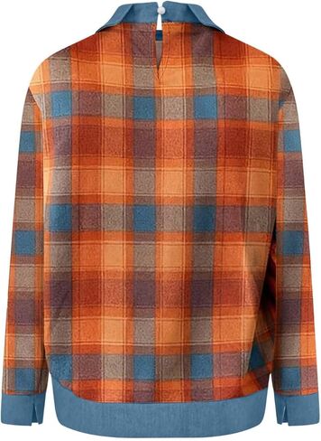 Color Block Shirts for Women Casual Long Sleeve Denim Stitching Collared Tops Trendy Work Office Pullover Blouses in Saudi Arabia