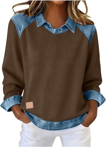 Color Block Shirts for Women Casual Long Sleeve Denim Stitching Collared Tops Trendy Work Office Pullover Blouses in Saudi Arabia