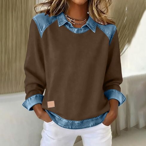 Color Block Shirts for Women Casual Long Sleeve Denim Stitching Collared Tops Trendy Work Office Pullover Blouses in Saudi Arabia