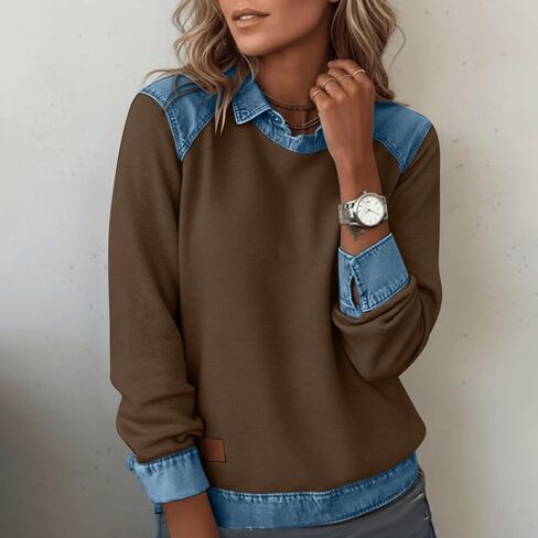 Color Block Shirts for Women Casual Long Sleeve Denim Stitching Collared Tops Trendy Work Office Pullover Blouses in Saudi Arabia