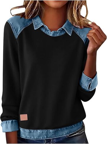 Color Block Shirts for Women Casual Long Sleeve Denim Stitching Collared Tops Trendy Work Office Pullover Blouses in Saudi Arabia