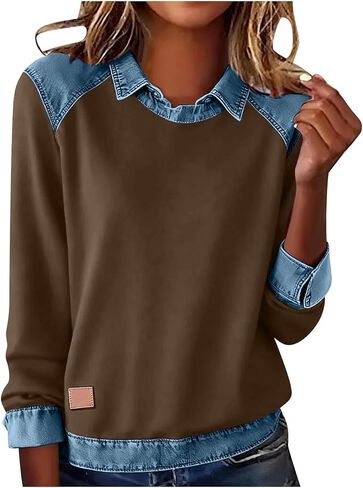Color Block Shirts for Women Casual Long Sleeve Denim Stitching Collared Tops Trendy Work Office Pullover Blouses in Saudi Arabia