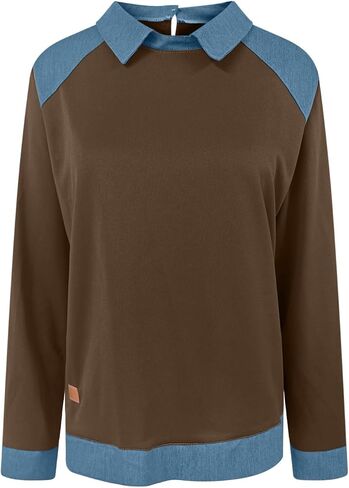 Color Block Shirts for Women Casual Long Sleeve Denim Stitching Collared Tops Trendy Work Office Pullover Blouses in Saudi Arabia