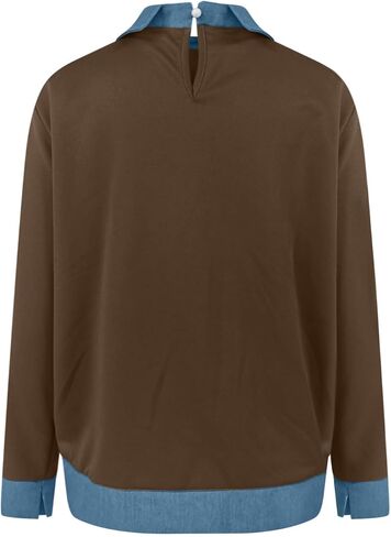 Color Block Shirts for Women Casual Long Sleeve Denim Stitching Collared Tops Trendy Work Office Pullover Blouses in Saudi Arabia