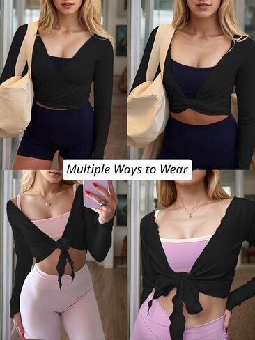 Womens Tie Front Wrap Tops Long Sleeve Bolero Shrugs Cropped Shirts Yoga Ballet Cover Up Top Pilates Workout Outfits in Kuwait