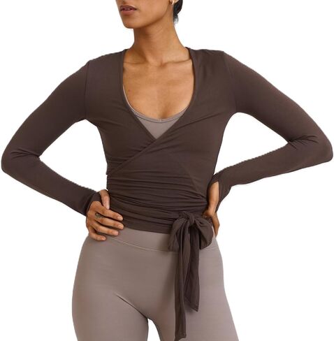 Women’s Wrap Top Sexy V Neck Long Sleeve Self Tie Ballet Tops Stretch Slim Fitted Pilates Yoga Workout T Shirts in Saudi Arabia