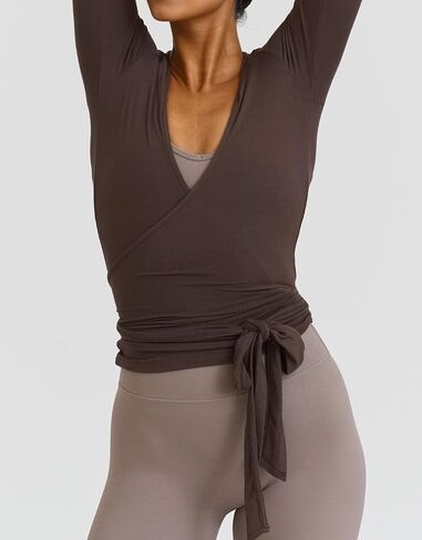 Women’s Wrap Top Sexy V Neck Long Sleeve Self Tie Ballet Tops Stretch Slim Fitted Pilates Yoga Workout T Shirts in Saudi Arabia