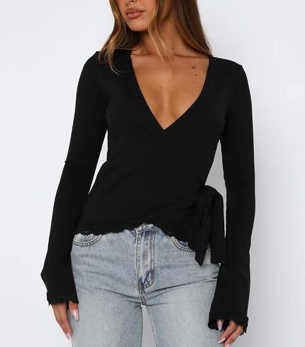 Women’s Wrap Top Sexy V Neck Long Sleeve Self Tie Ballet Tops Stretch Slim Fitted Pilates Yoga Workout T Shirts in Saudi Arabia
