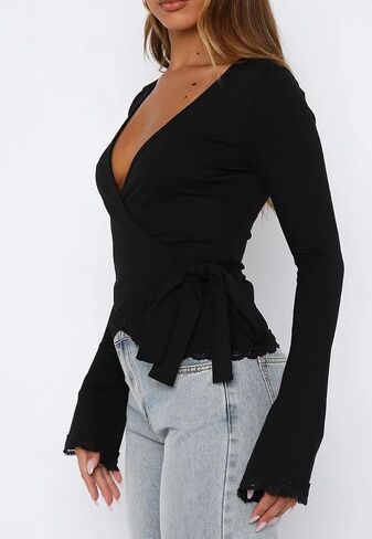 Women’s Wrap Top Sexy V Neck Long Sleeve Self Tie Ballet Tops Stretch Slim Fitted Pilates Yoga Workout T Shirts in Saudi Arabia