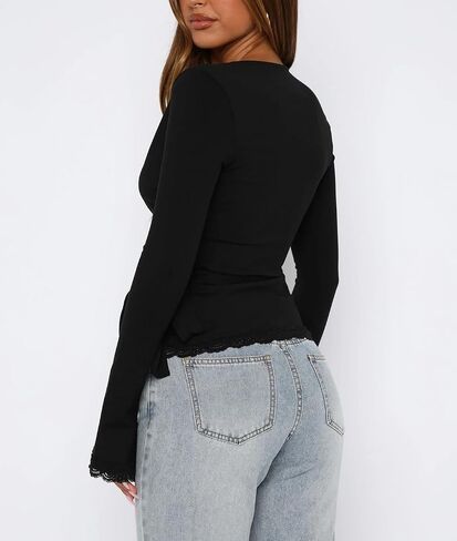 Women’s Wrap Top Sexy V Neck Long Sleeve Self Tie Ballet Tops Stretch Slim Fitted Pilates Yoga Workout T Shirts in Saudi Arabia