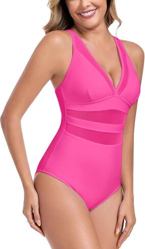Colloyes Women's V Neck One Piece Swimsuits Sexy Spliced Mesh Bathing Suits Wide Adjustable Straps Swimwear in Saudi Arabia