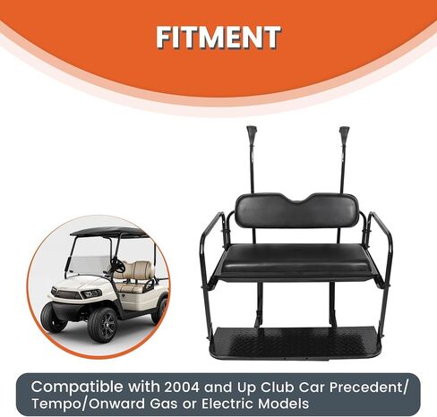 KUAFU Golf Cart Flip Folding Back Seat Kit Rear Black Seat Compatible with 2004 and Up Club Car Precedent/Tempo/Onward Gas or Electric Models w/Roof Support -You Will Receive Two Packages in Saudi Arabia