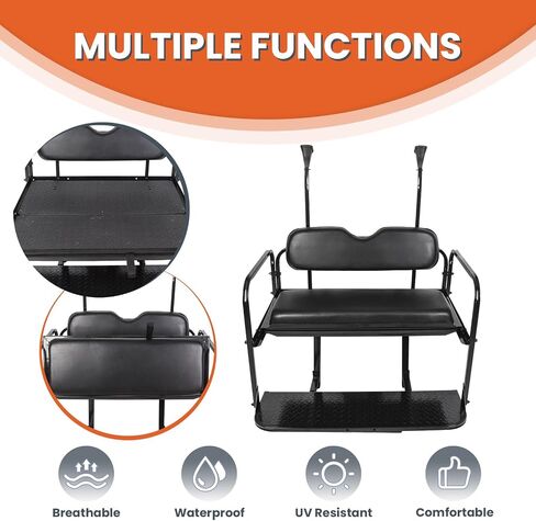 KUAFU Golf Cart Flip Folding Back Seat Kit Rear Black Seat Compatible with 2004 and Up Club Car Precedent/Tempo/Onward Gas or Electric Models w/Roof Support -You Will Receive Two Packages in Saudi Arabia