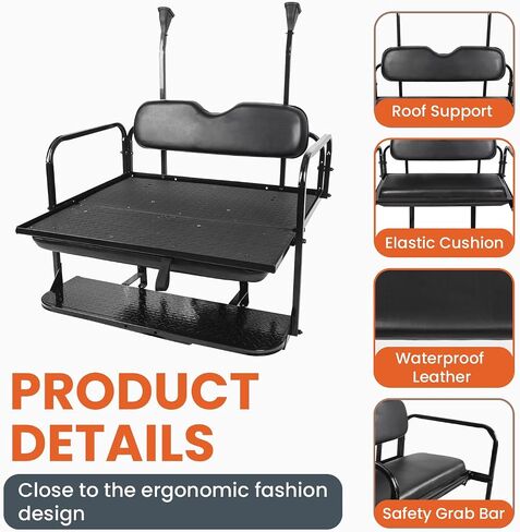 KUAFU Golf Cart Flip Folding Back Seat Kit Rear Black Seat Compatible with 2004 and Up Club Car Precedent/Tempo/Onward Gas or Electric Models w/Roof Support -You Will Receive Two Packages in Saudi Arabia